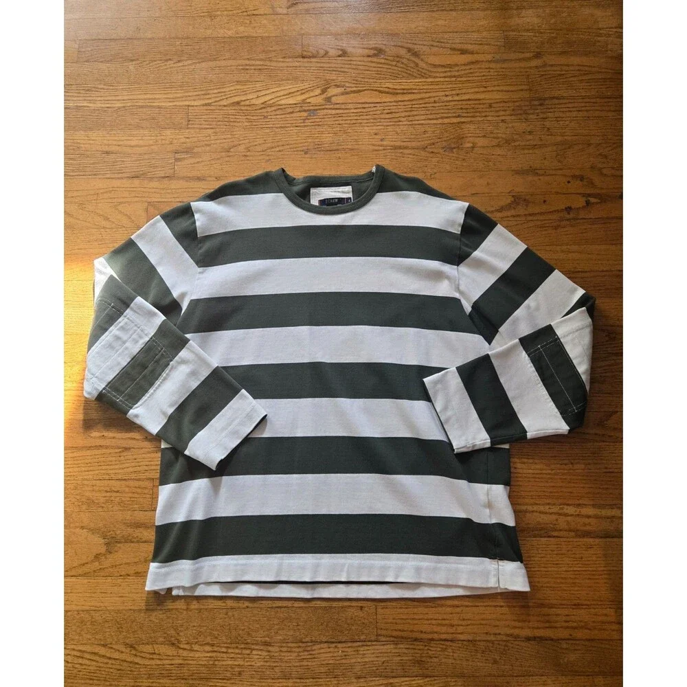 J Crew Rugby Shirt Mens XL Green Wide Striped Elbow Pads Preppy